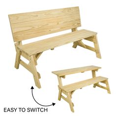 a wooden bench with two benches next to it and an easy to switch sign above the bench