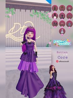 an animated image of a woman in a purple dress next to a doll wearing a tiara