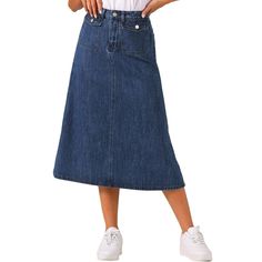 The basic design creates a casual yet stylish look, a must-have in any woman's wardrobe. This jean skirt features a classic denim fabric with a drape. The flap pockets add a trendy and functional element to the skirt, providing extra storage space. Pair it with a fitted blouse and heels for a chic and sophisticated look, or go for a more casual vibe by pairing them with a graphic tee. Denim Blue Skirt With Pockets For Fall, Fall Denim Blue Skirt With Pockets, Denim Skirt With Pockets For Fall, Mid-rise Cotton Denim Skirt With Pockets, Medium Wash Denim Skirt With Pockets, Denim Blue Cotton Skirt With Pockets, Casual Dark Wash Denim Skirt For Work, High Waist Medium Wash Denim Skirt With Side Pockets, High Rise Denim Skirt With Side Pockets