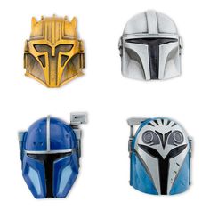 four different types of helmets on white background