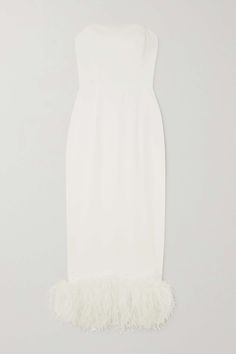 16ARLINGTON Minelli strapless feather-trimmed crepe midi dress | NET-A-PORTER Clothes Uk, Dressy Hats, Crepe Midi Dress, White Cocktail Dress, Diamond Choker, Uk Clothing, Bridal Look, Midi Length Dress, White Midi Dress