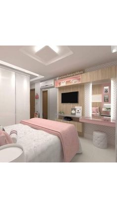 a bedroom with white walls and pink accents on the bed is shown in this rendering