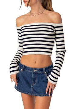 Fun and flirty style is here to stay as this rib top attests with a shoulder-and-midriff-baring silhouette and ample stretch for weekend-ready movement. Off-the-shoulder neck Long sleeves 45% polyester, 45% rayon, 10% spandex Machine wash, dry flat Imported Trendy Fitted Striped Knit Top, Striped Ribbed Cropped Tops, Trendy Striped Stretch Knit Top, Striped Ribbed Stretch Crop Top, Fitted Striped Ribbed Crop Top, Striped Cropped Knit Top, Striped Fitted Off-shoulder Top, Striped Off-shoulder Fitted Top, Fitted Striped Off-shoulder Top