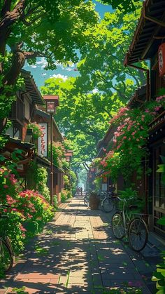 an anime street scene with bicycles parked on the side and trees lining the road in the background