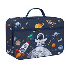 a blue lunch bag with an astronaut on the moon and planets in space printed on it