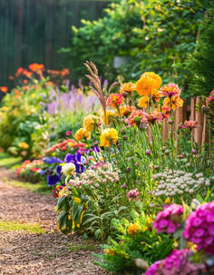 A colorful cottage garden border with yellow marigolds, pink dianthus, and purple flowers along a wooden fence and a gravel path.