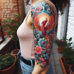 a woman with a colorful bird tattoo on her arm and shoulder, standing in front of potted plants