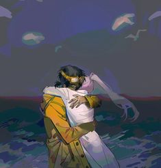 a painting of two people hugging in the ocean