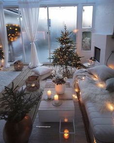 a living room filled with lots of furniture and christmas trees in the window sill