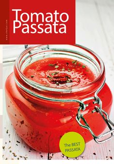 tomato sauce in a glass jar on a wooden table with the words tomato passata above it