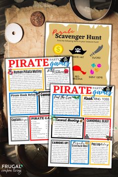 pirate trivias are on top of a table with coins and other items around them