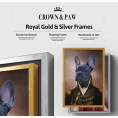 two framed pictures of dogs in suits and ties, one with a dog's head on