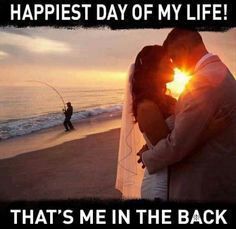 a bride and groom kissing on the beach with an image of a man fishing in the background