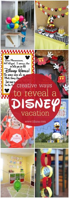 several different pictures with the words creative ways to reveal a disney vacation on it's side