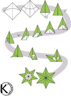 an origami star is shown in green and white