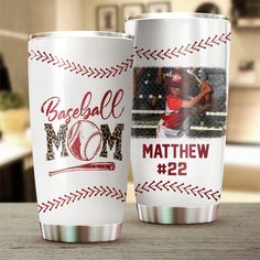 two personalized tumblers with baseball mom pictures on them