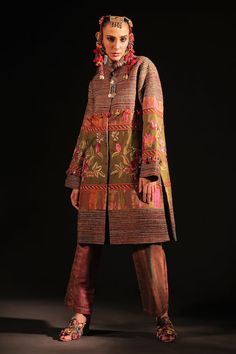 Multicolored floral embroidered panel coat crafted in handloom silk. - Aza Fashions Traditional Designer Outerwear For Spring, Traditional Spring Designer Outerwear, Traditional Spring Outerwear, Winter Outerwear With Intricate Embroidery, Traditional Silk Outerwear For Fall, Traditional Silk Outerwear For Spring, Designer Winter Outerwear With Resham Embroidery, Spring Silk Outerwear With Resham Embroidery, Silk Outerwear With Resham Embroidery For Designer Wear