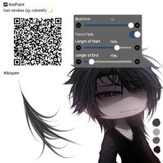 an anime character with long black hair has a qr code on his head and is looking at the camera