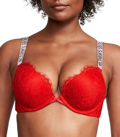 PRICES MAY VARY. Victoria's Secret Bombshell Shine Strap Push Up Bra is built for maximum lift and volume. This comfortable bra is a great everyday choice with its soft padding and adjustable straps. This push up bra features a plunging neckline for invisibility under your lowest-cut tops and dresses. Its soft, ultra-lifting padding molds to your curves for maximum lift while underwire cups offer just the right amount of support. Logo shine straps are fully adjustable for a perfect fit, while th Victoria's Secret Bombshell, Comfortable Bra, Bra Measurements, Red Bra, Cute Bras, Bra Brands, Beautiful Bra, Comfortable Bras, Victoria Secret Fashion Show