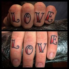 two pictures of fingers with the word love tattooed on them