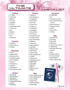 the ultimate travel checklist is shown in pink and white with an airplane on it