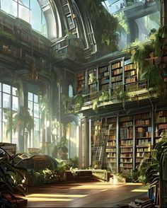 a room filled with lots of green plants and bookshelves next to tall windows