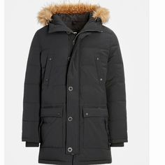 Express Black Nylon Hooded Parka Hood With Removeable Faux Fur Button And Zip Closure; Long Sleeves Slant Buttoned Chest Pockets; Flap Hand Pockets Interior Pocket; Straight Hem Nylon/Spandex Express Men, Hooded Parka, Parka Jacket, Black Nylon, Black Nylons, Canada Goose Jackets, Parka, Faux Fur, Mens Jackets