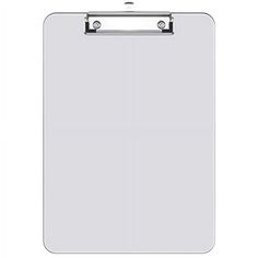 a clipboard with an attached clip on the front and back side, in white