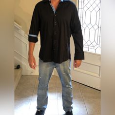 Super Cool Designer Button Down Excellent Condition I Am 6’ 192 Lbs. Somewhat Fit. It’s Me In The Pic. Fits More Like An Xl Casual Black Shirt With Snap Buttons, Sports Club, Sports Clubs, Super Cool, Casual Shirts For Men, Casual Button Down Shirts, Button Downs, Mens Shirts, Man Shop