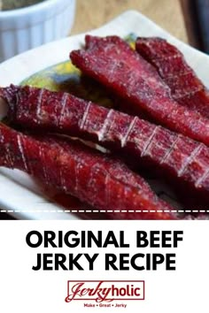 Original Beef Jerky Recipe on a white plate. Venison Summer Sausage Recipe, Venison Sausage Recipes, Deli Meat Recipes