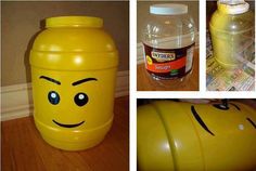 there is a yellow plastic barrel with a face on it