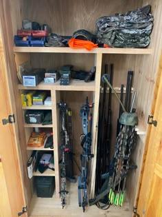 Diy Hunting Gear Storage, Hunting Storage Ideas Garage, Hunting Wader Storage, Small Hunting Closet Ideas, Archery Equipment Storage, Hunting Organization Ideas, Hunting Storage Closet, Hunting Gear Room Ideas, Hunting Equipment Storage Ideas