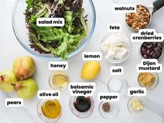 the ingredients to make this salad are shown in separate bowls on a white countertop