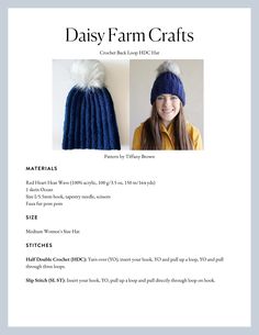 a knitted hat with two pom - poms on it and the words daisy farm crafts written below