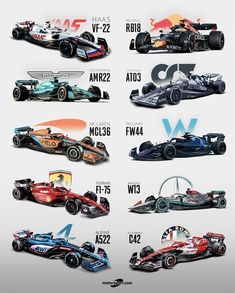 the different cars are shown in this graphic art work, which depicts their names and numbers