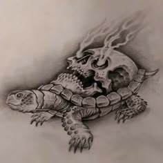 a drawing of a turtle with a skull on it's back, and flames coming out of its shell