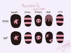 Kuromi Nail Art Simple, Short Alt Nail Ideas, Simple Emo Nail Designs, Omori Nails Ideas, Kuromi Short Nails, Sanrio Nail Art Kuromi, Nail Designs Sanrio, Genshin Nail Ideas, Sanrio Nail Ideas