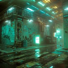 an abandoned train station with graffiti on the walls and floor, under neon green lights