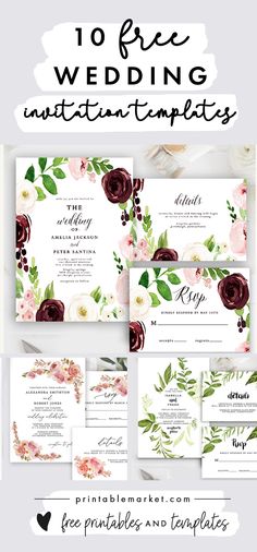 wedding stationery with flowers and greenery on the front, in white background text reads 10 free wedding instant templates