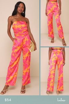 Having perfect style is as easy as throwing on the Lulus Instinctive Glam Pink and Orange Floral Straight Leg Pants! Sleek lightweight satin boasts an eye-catching floral print as it shapes a high waist, belt loops, and a hidden zip fly with top clasp closures. Pleated details and front diagonal pockets accent the slim-fit legs, ending at ankle-length hems. Decorative welt pocket at back. Pair with the matching top for a complete look! Fit: This garment fits true to size. Length: Ankle length. W Printed Bottoms For Spring Party, Spring Party Bottoms With Printed Details, Party Floral Print Wide Leg Pants, Printed Party Pants For Spring, Party Pants With Floral Print For Spring, Chic Bottoms With Vibrant Print For Spring, Spring Party Printed Pants, Pink Silk Pants For Spring, Fitted Satin Pants For Summer