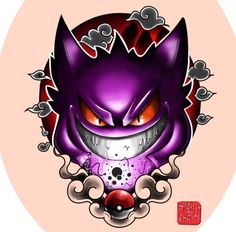 an image of a purple cat with red eyes and fangs on it's face