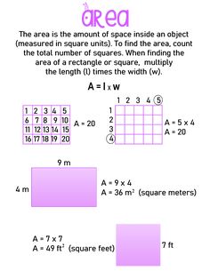 the area is the amount of space inside an object measured in square units to find the area