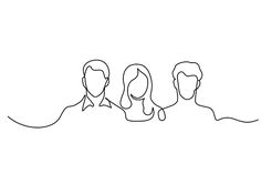 one line drawing of three people looking at the same person's head and shoulders