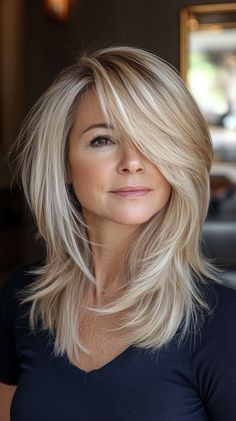 Hairstyles for Women Over 50 Longish Hair With Layers, The Rachel Haircut Modern, Collar Bone Layered Haircuts, Shag Hairstyles For Fine Hair Over 50, Hair Cuts Medium Length Layers 2024, Textured Layered Haircuts, Over 50 Haircuts Medium Lengths, Gray Blonde Hair Older Women, Medium Length Hair With Layers And Bangs