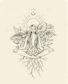 a drawing of a woman sitting in the lotus position with flowers and sun above her head