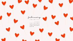 a calendar with hearts on it and the word february written in black ink, surrounded by small red hearts