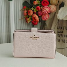 New Kate Spade Lena Medium Compact Bifold Wallet Shimmer Pink Kh787 $199 Details 3.75" H X 5.5" W X 1" D Pebbled Leather Ksny Metal Pinmount Logo Two Way Spade Jaquard Lining Interior: 8 Credit Card Slots, Id Window, 2 Slip Pockets, 1 Bill Fold Exterior: L-Zip Coin Compartment Snap Closure Dust Bag Not Included Imported Style # Kh787 Kate Spade Wallet Kate Spade New York, Cheap Kate Spade Wallets With Card Slots, Affordable Elegant Kate Spade Wallets, Kate Spade Logo, Pink Wallet, Girly Bags, Kate Spade Wallet, Zipper Wallet, Pink Mini