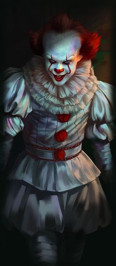 a creepy clown with red hair and white makeup is standing in the dark, wearing a dress