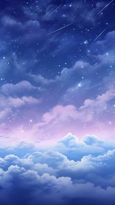 the sky is filled with stars and clouds as if they were floating in the air