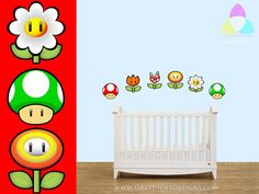 an image of a baby's room with mario mushroom wall decals